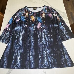 Ameri Mode Embellished Feather Print Artsy 3/4 Sleeve Tunic / Dress Womens L/XL